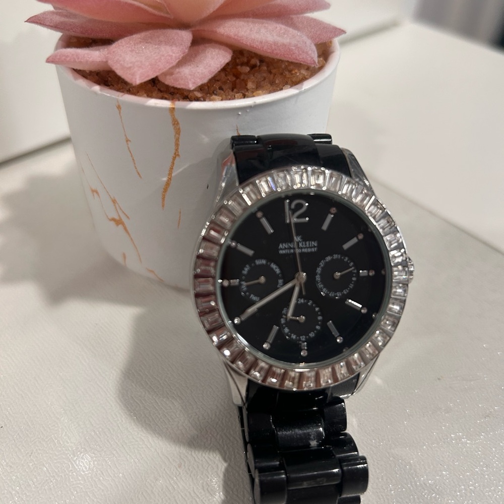 Anne Klein Black and Silver Crystal Watch